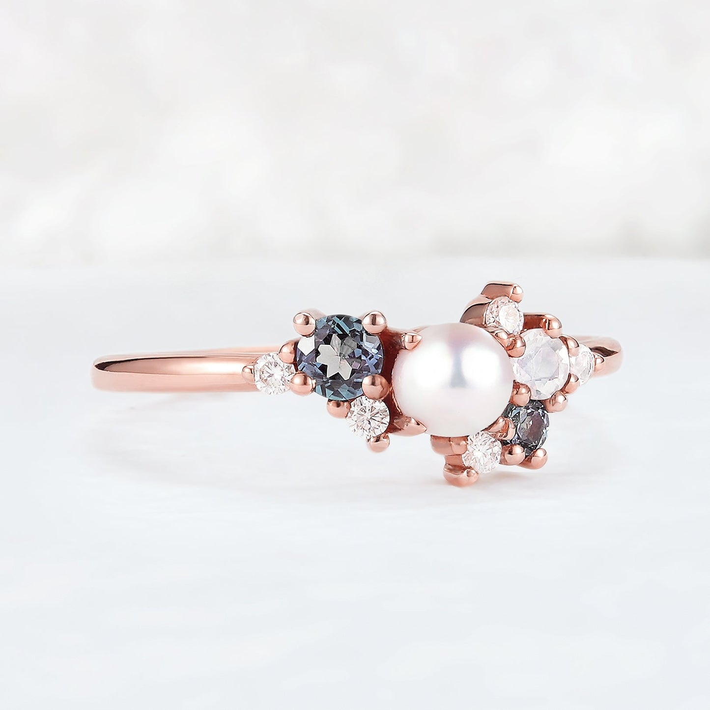 Cluster Round Shaped Pearl and Moissanite Gemstone Ring