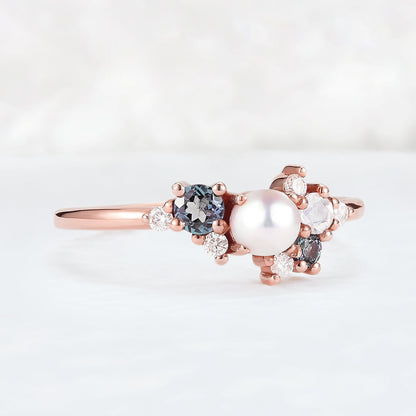 Cluster Round Shaped Pearl and Moissanite Gemstone Ring