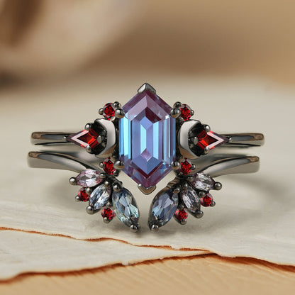 Clutser Hexagon Cut Alexandrite and Garnet Moon Ring Set 2pcs
