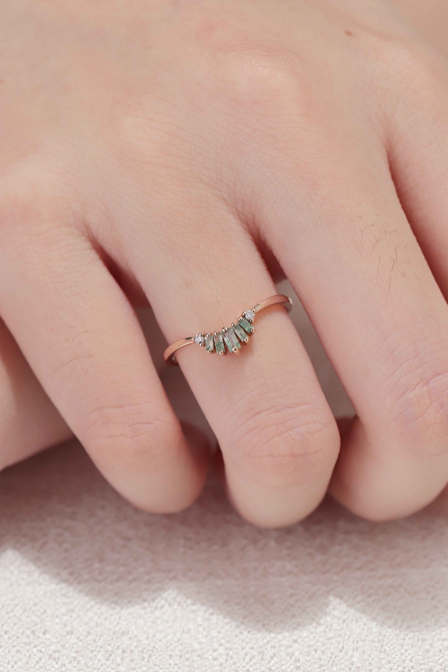 Curved Baguette Cut Moss Agate Moissanite Stacking Ring