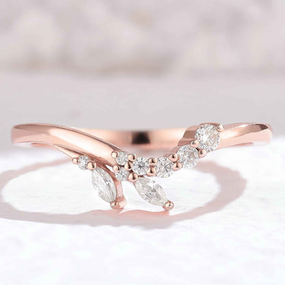 Curved Marquise Cut Moissanite Petal Shape Silver Stacking Ring