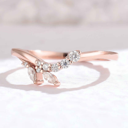 Curved Marquise Cut Moissanite Petal Shape Silver Stacking Ring