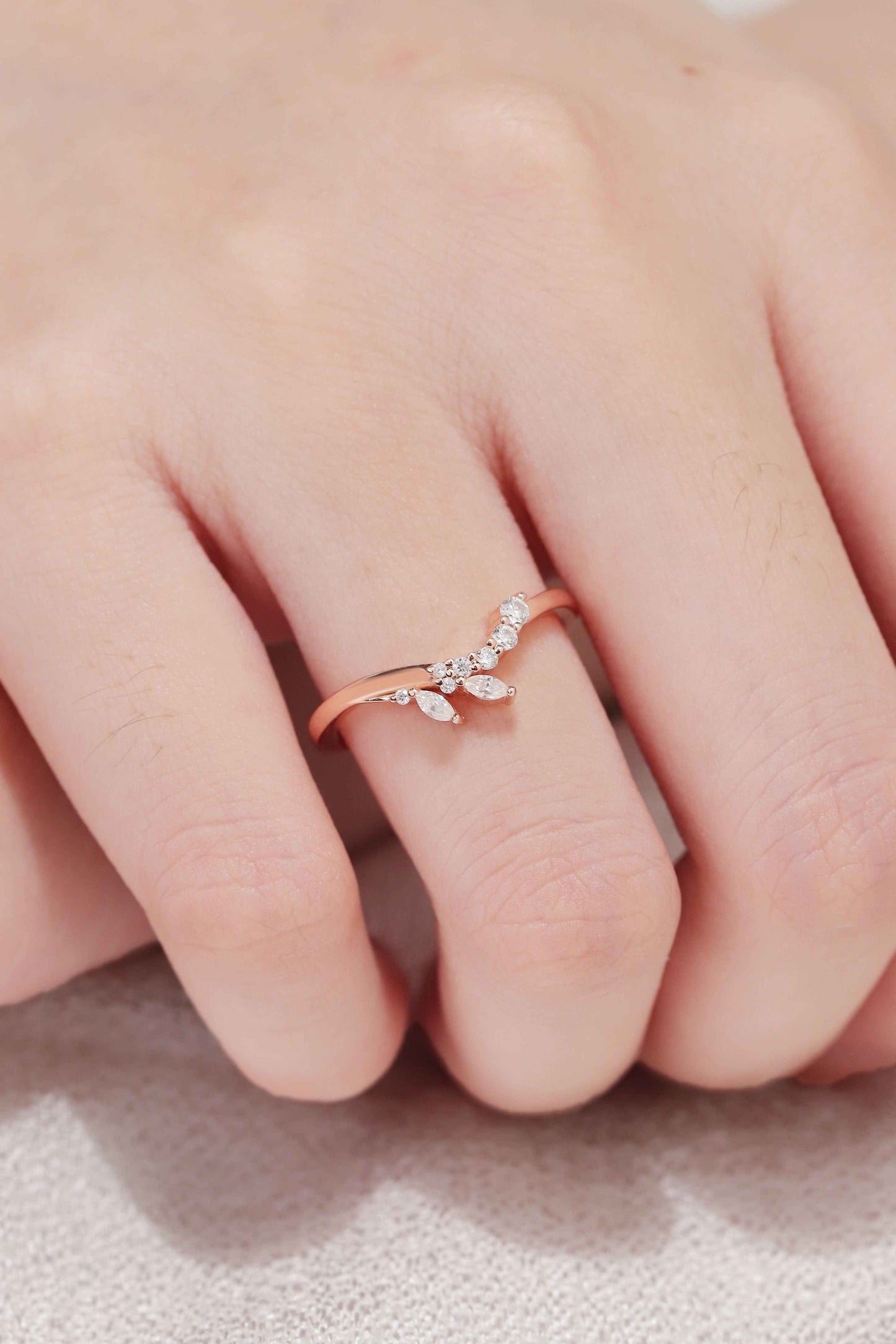 Curved Marquise Cut Moissanite Petal Shape Silver Stacking Ring