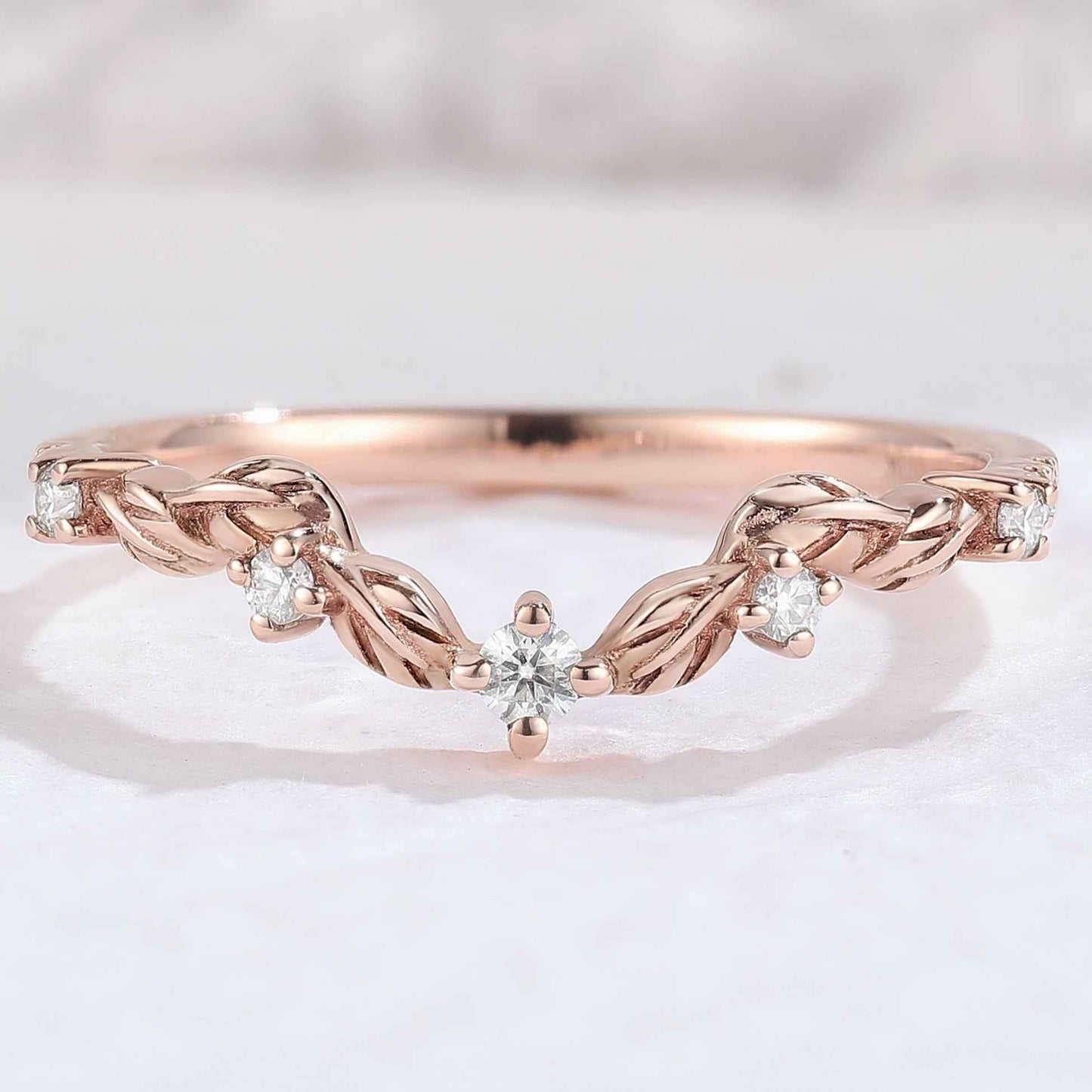Curved Round Cut Moissanite Leaf Stacking Ring Sterling Silver