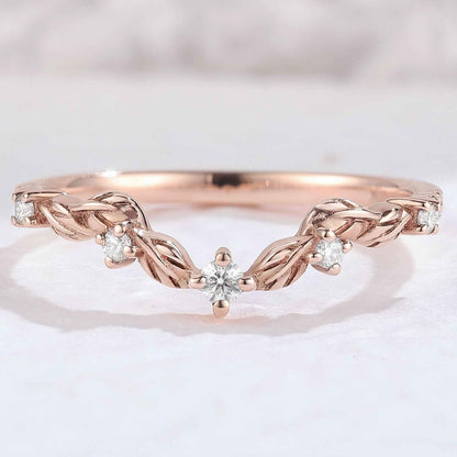 Curved Round Cut Moissanite Leaf Stacking Ring Sterling Silver