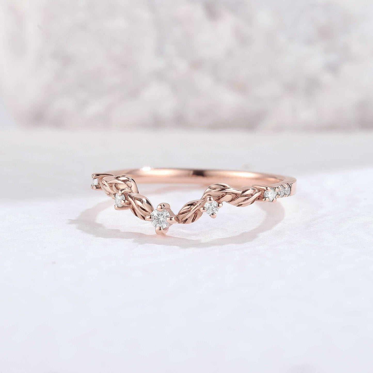 Curved Round Cut Moissanite Leaf Stacking Ring Sterling Silver