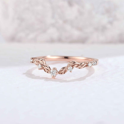 Curved Round Cut Moissanite Leaf Stacking Ring Sterling Silver