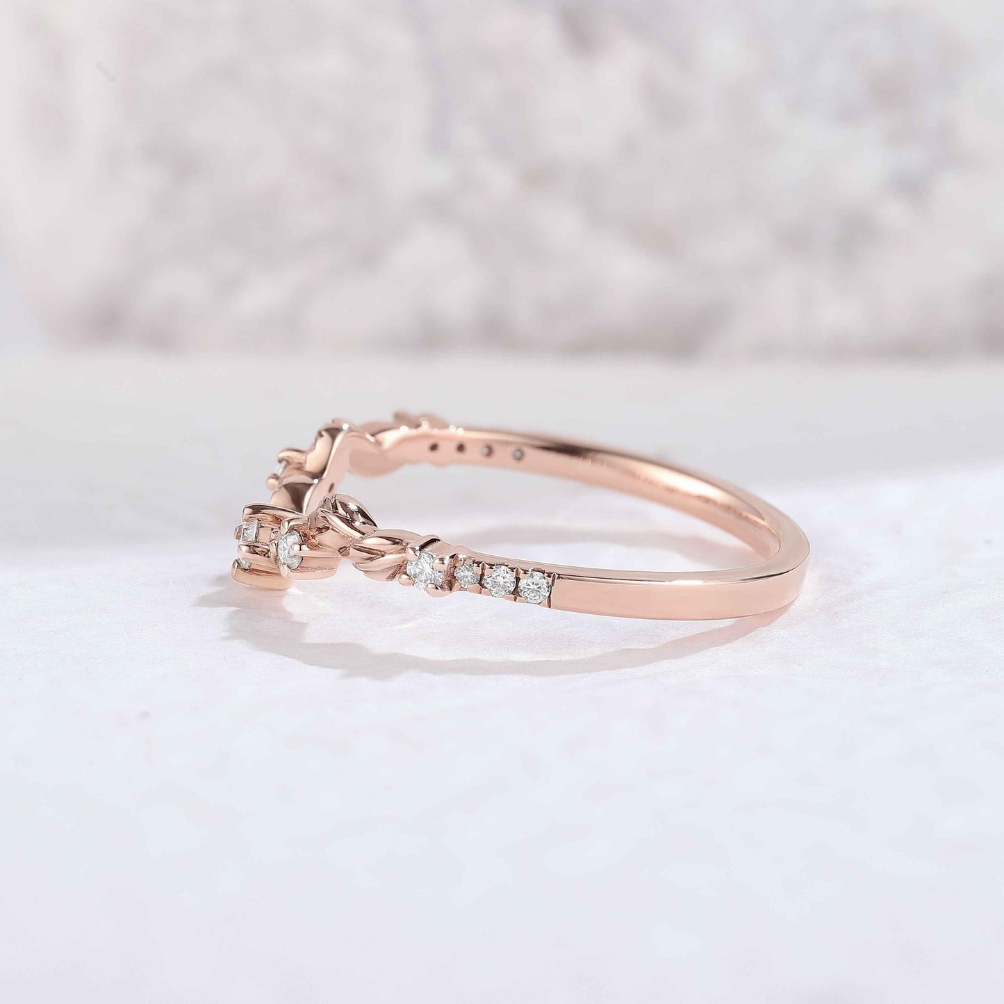 Curved Round Cut Moissanite Leaf Stacking Ring Sterling Silver