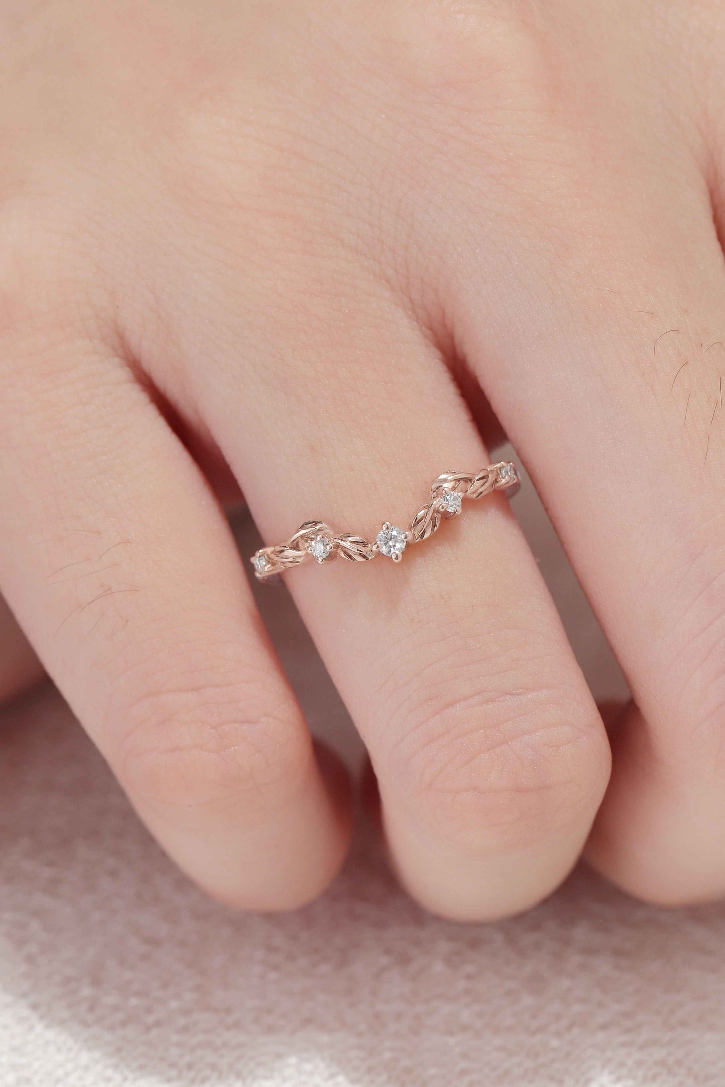 Curved Round Cut Moissanite Leaf Stacking Ring Sterling Silver