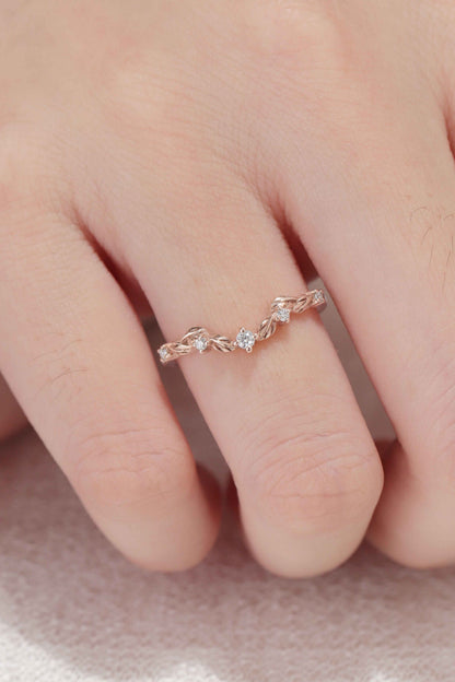 Curved Round Cut Moissanite Leaf Stacking Ring Sterling Silver
