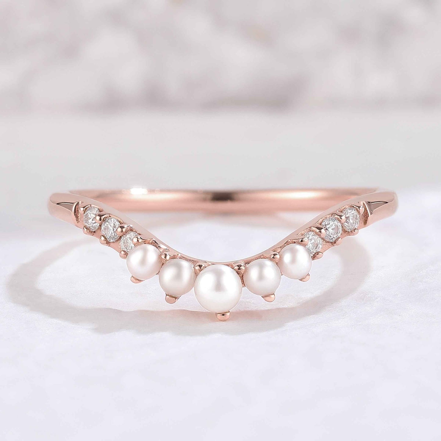 Curved Round Pearl Rose Gold Stacking Ring