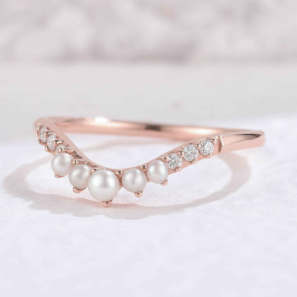 Curved Round Pearl Rose Gold Stacking Ring