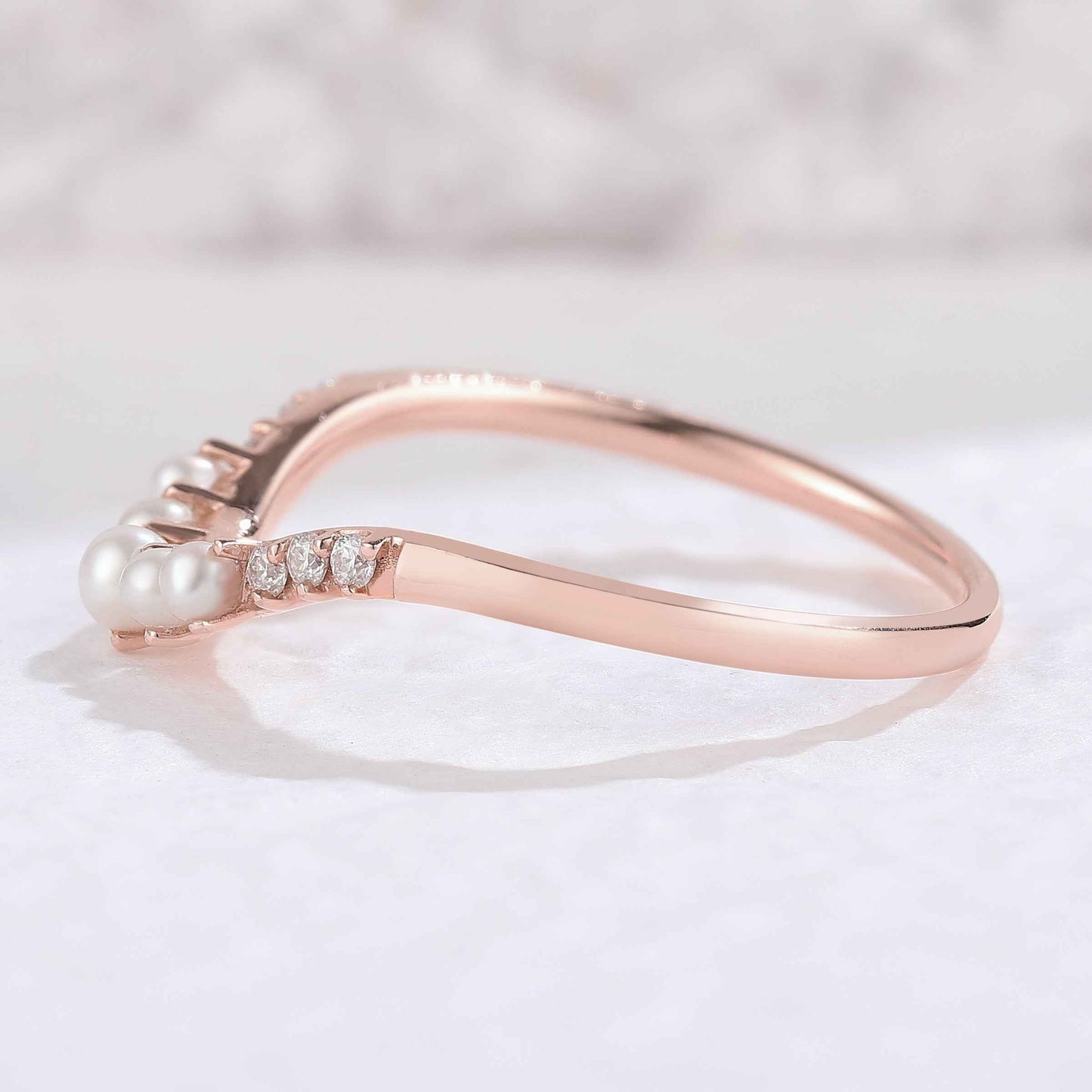 Curved Round Pearl Rose Gold Stacking Ring