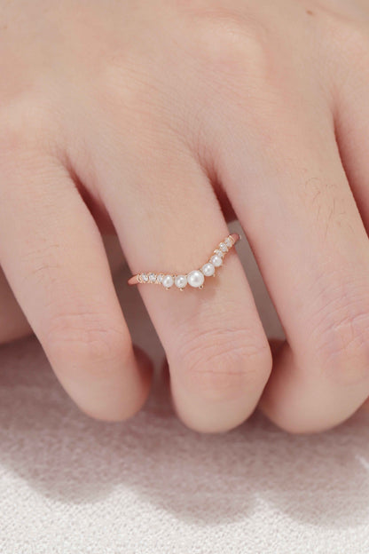 Curved Round Pearl Rose Gold Stacking Ring