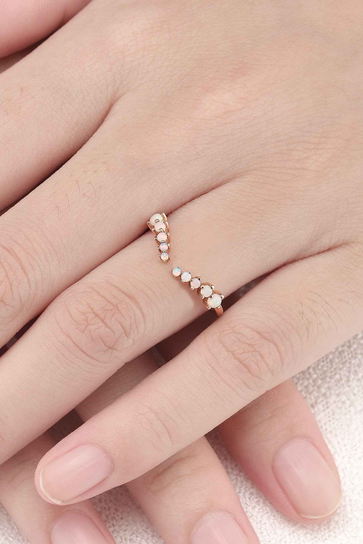 Curved Round Shaped Opal Open Silver Stacking Ring