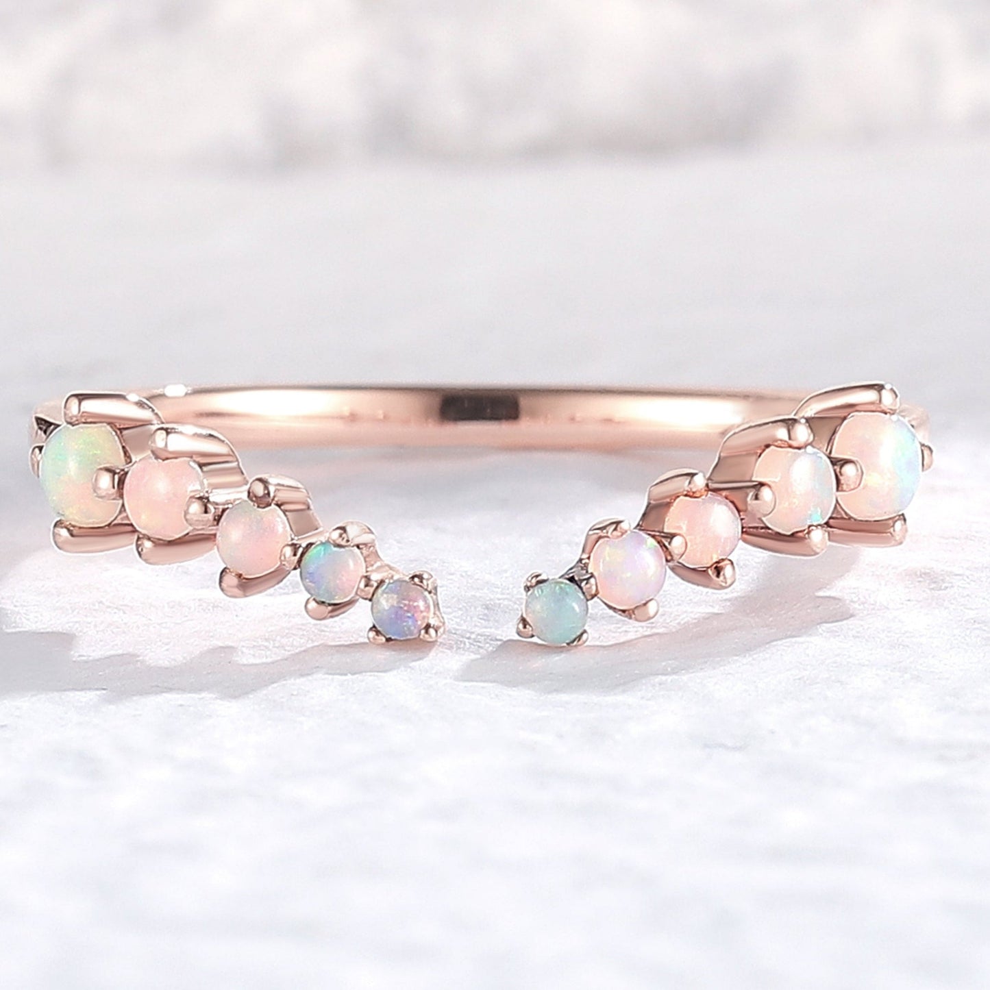 Curved Round Shaped Opal Open Silver Stacking Ring