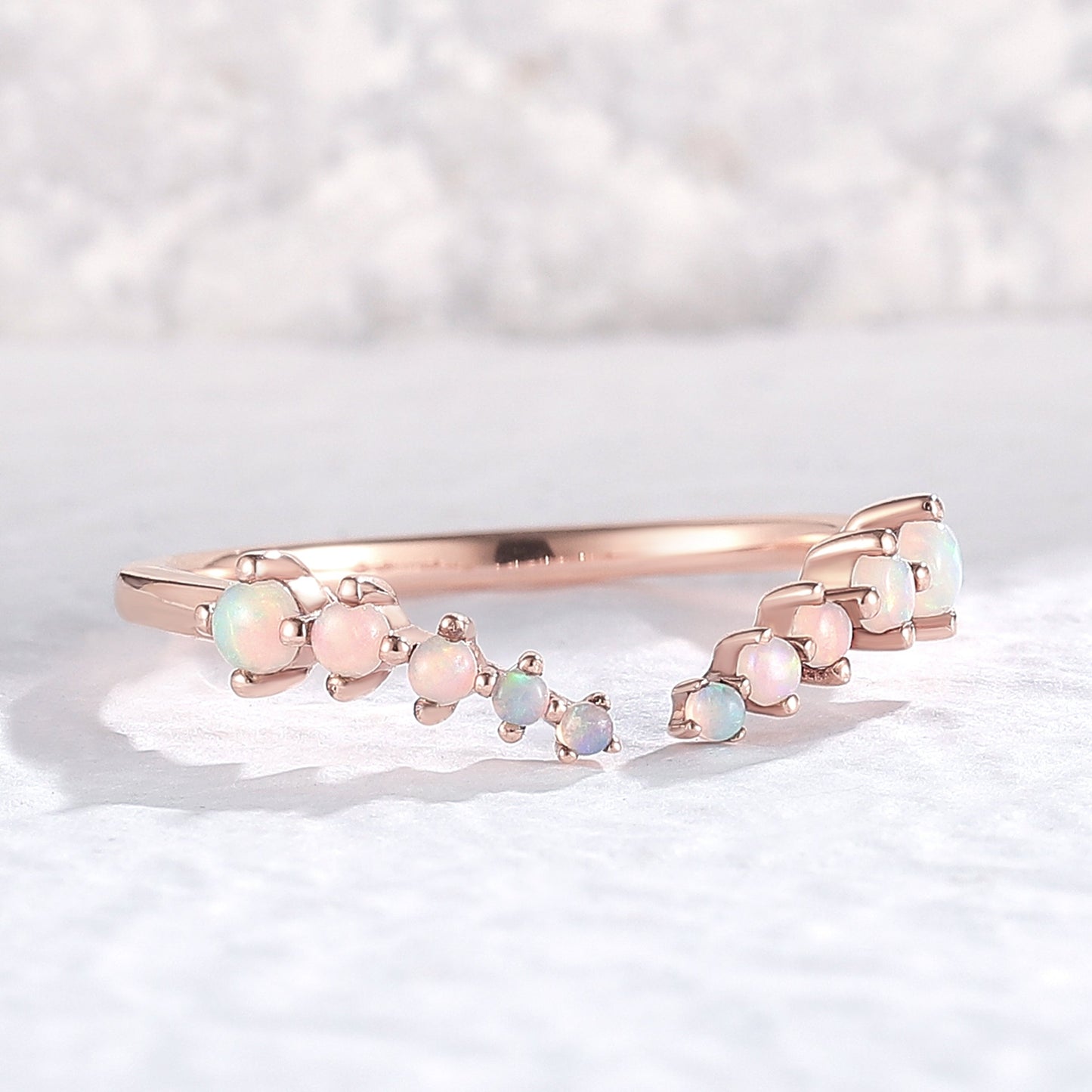 Curved Round Shaped Opal Open Silver Stacking Ring