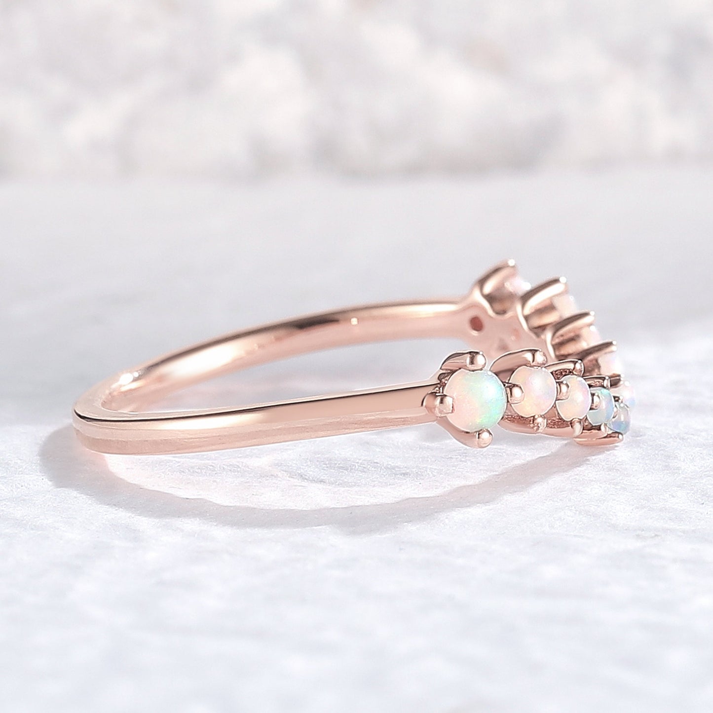 Curved Round Shaped Opal Open Silver Stacking Ring
