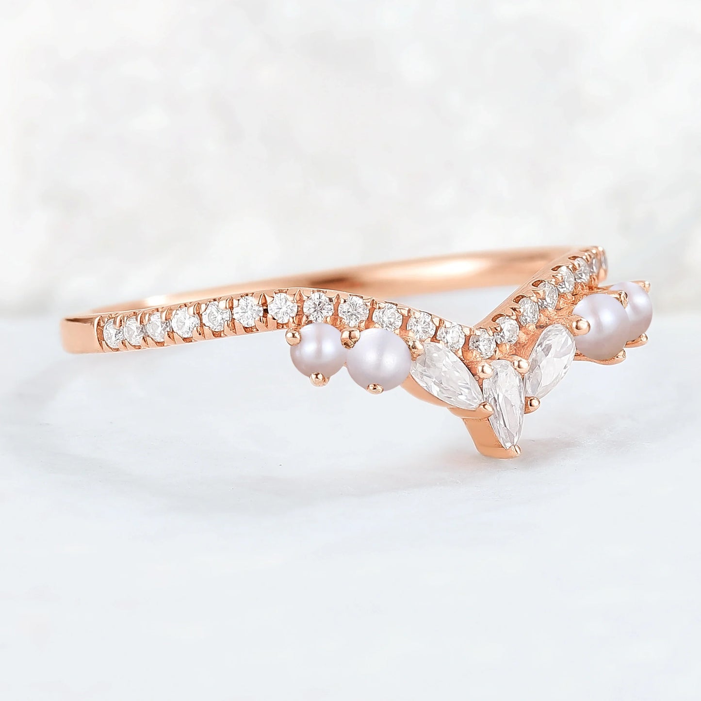 Curved Marquise Cut Moissanite 14k Rose Gold Stacking Ring