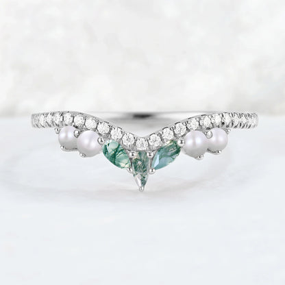 Curved Marquise Cut Moss Agate and Round Pearl 14k Rose Gold  Stacking Ring