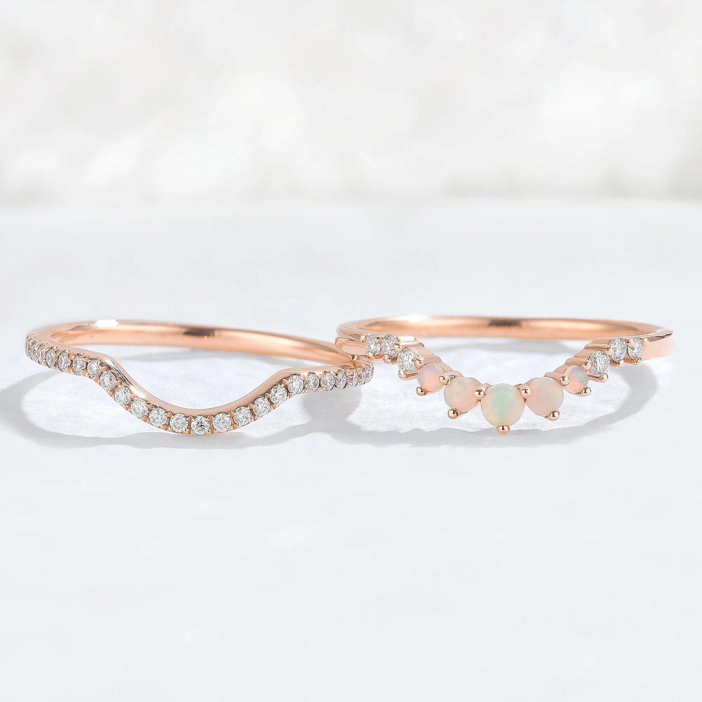 Curved Moissanite Opal Half Eternity 14k Rose Gold Stacking Ring