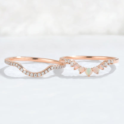 Curved Moissanite Opal Half Eternity 14k Rose Gold Stacking Ring
