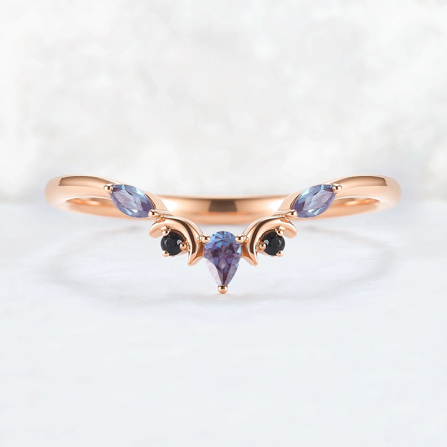 Curved Moon Pear Cut Alexandrite Stacking Ring