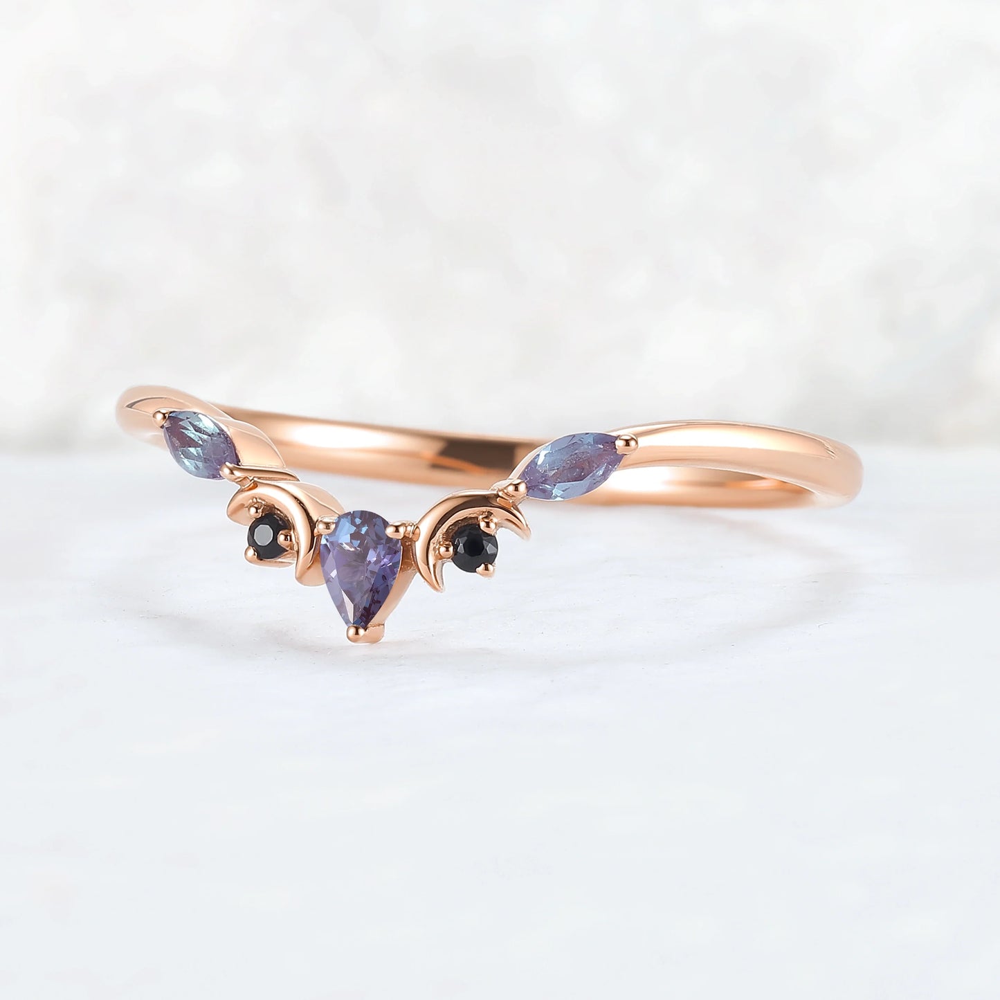 Curved Moon Pear Cut Alexandrite Stacking Ring