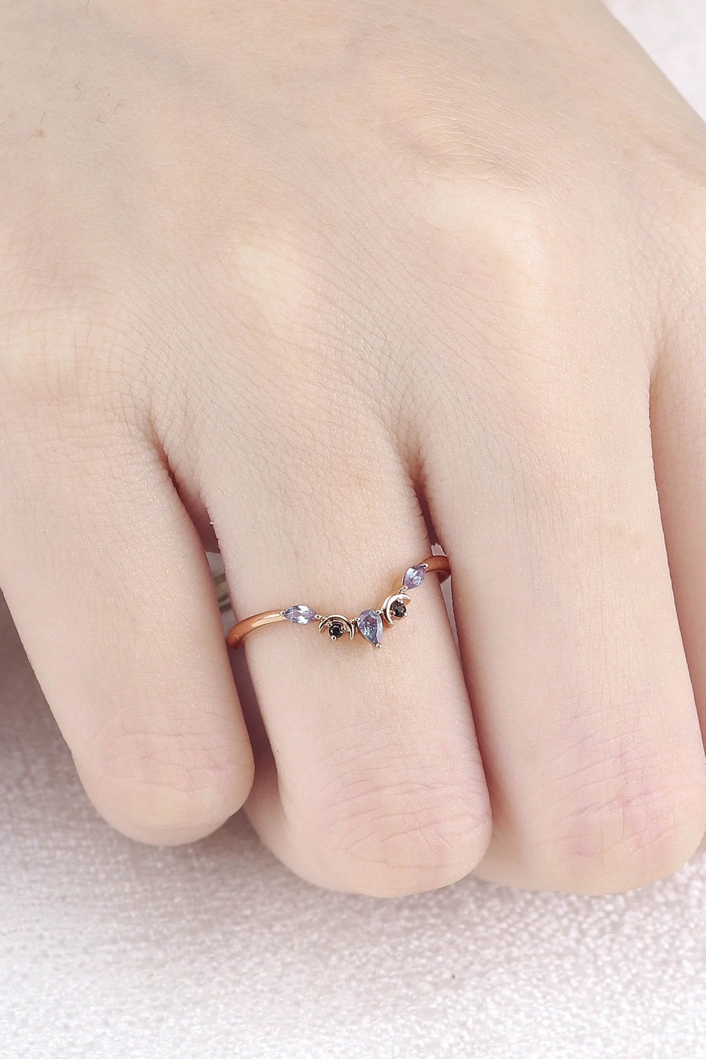 Curved Moon Pear Cut Alexandrite Stacking Ring