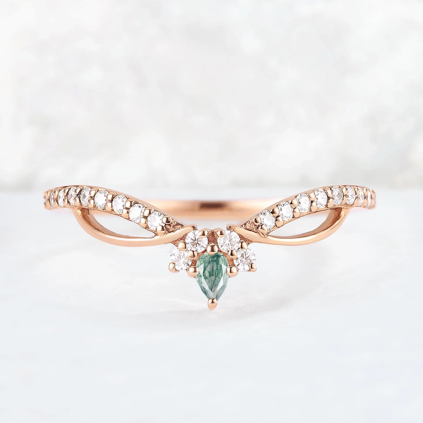 Curved Pear Shaped Moss Agate Vine Stacking Ring