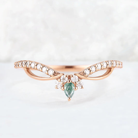 Curved Pear Shaped Moss Agate Vine Stacking Ring