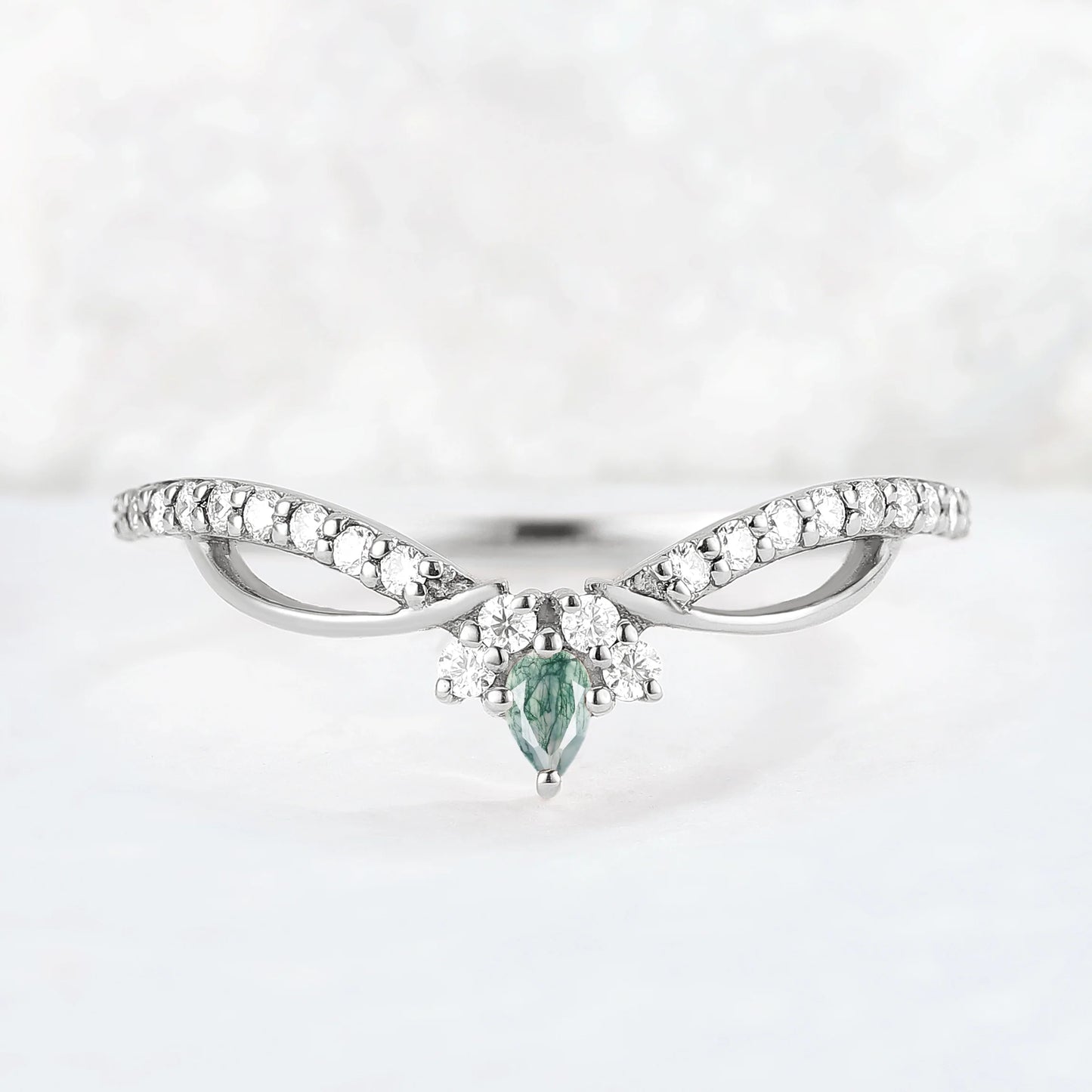 Curved Pear Shaped Moss Agate Vine Stacking Ring