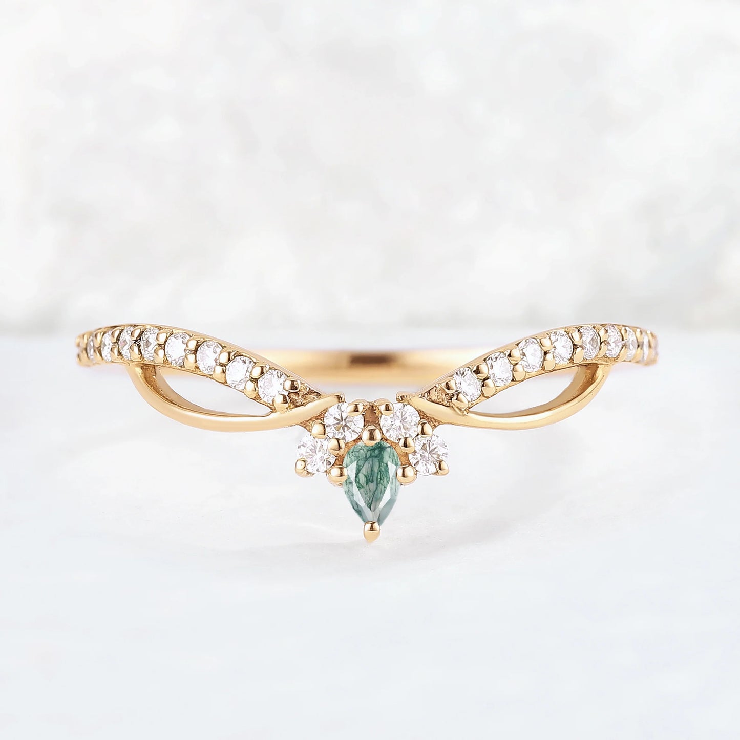 Curved Pear Shaped Moss Agate Vine Stacking Ring