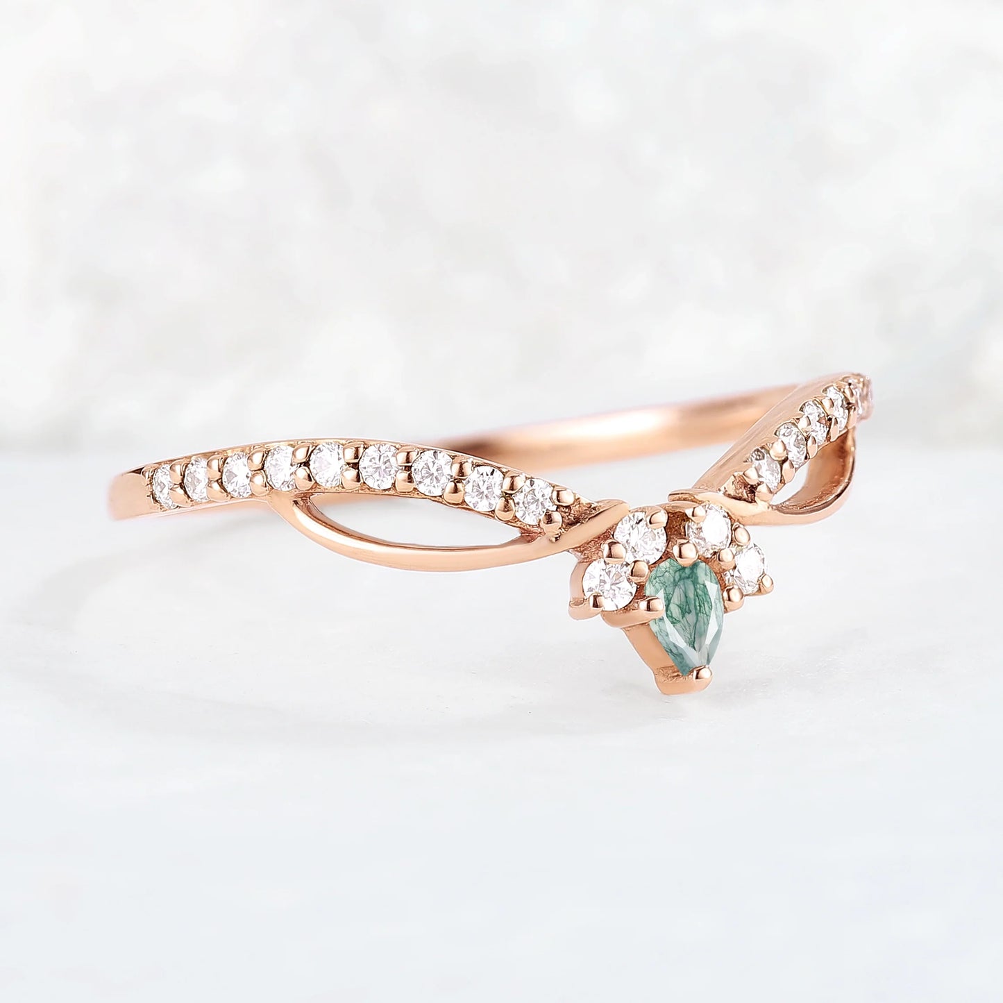 Curved Pear Shaped Moss Agate Vine Stacking Ring