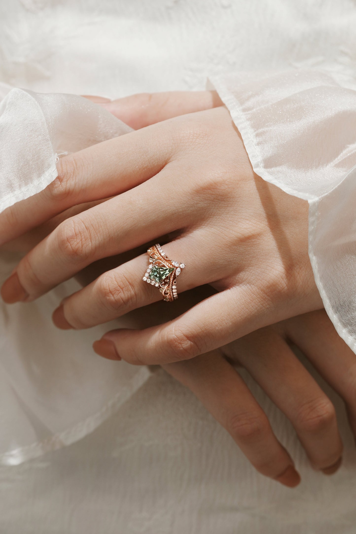 Unique Kite Cut Lab Green Sapphire Engagement Ring Set 2pcs