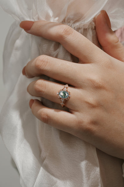 Oval Cut Moss Agate Vintage Engagement Ring