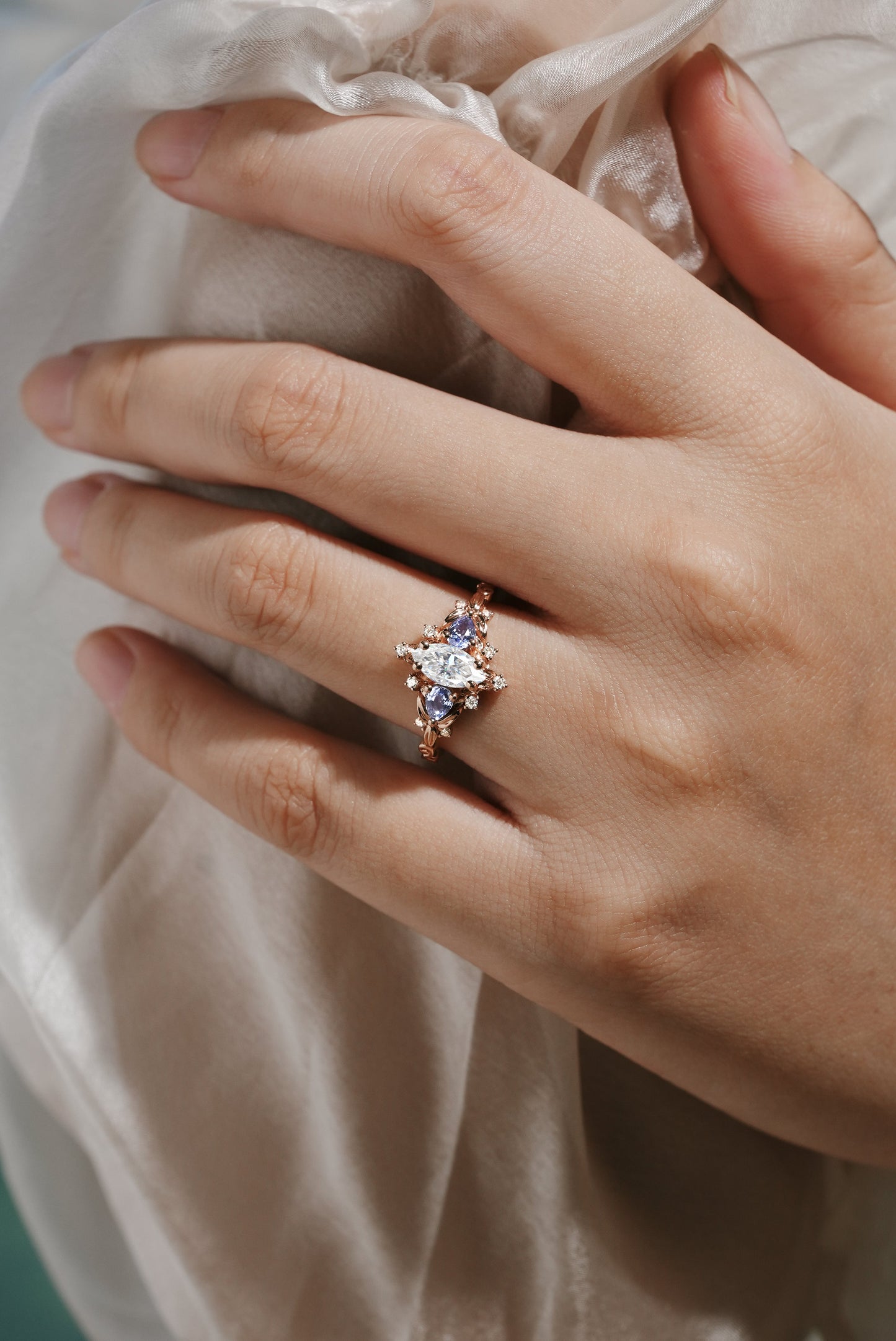 Marquise Cut Moissanite Leaf Engagement Ring Sapphire Cluster
