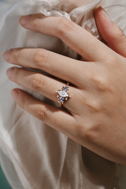 Marquise Cut Moissanite Leaf Engagement Ring Sapphire Cluster