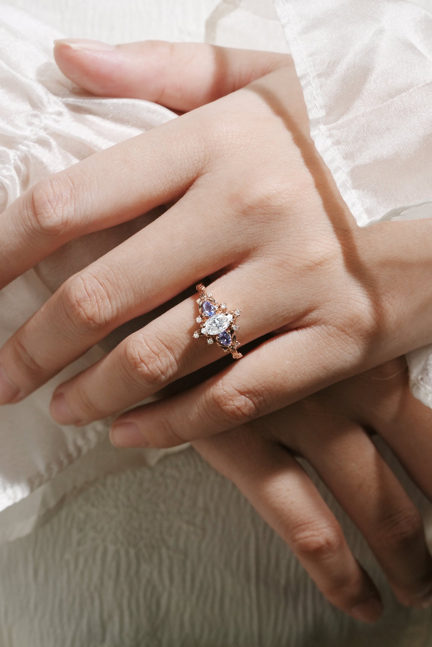 Marquise Cut Moissanite Leaf Engagement Ring Sapphire Cluster