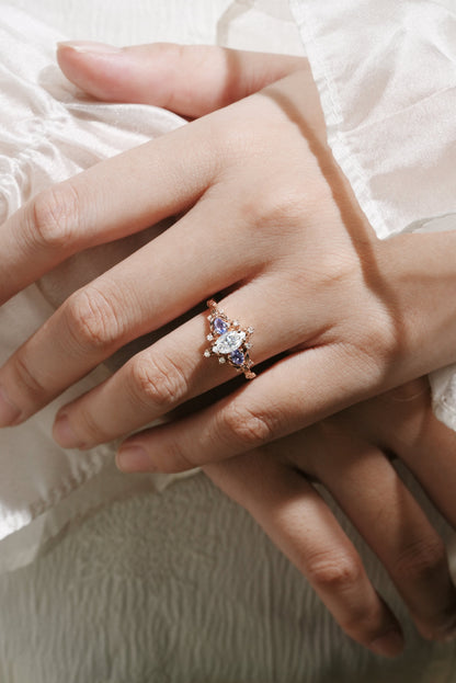 Marquise Cut Moissanite Leaf Engagement Ring Sapphire Cluster