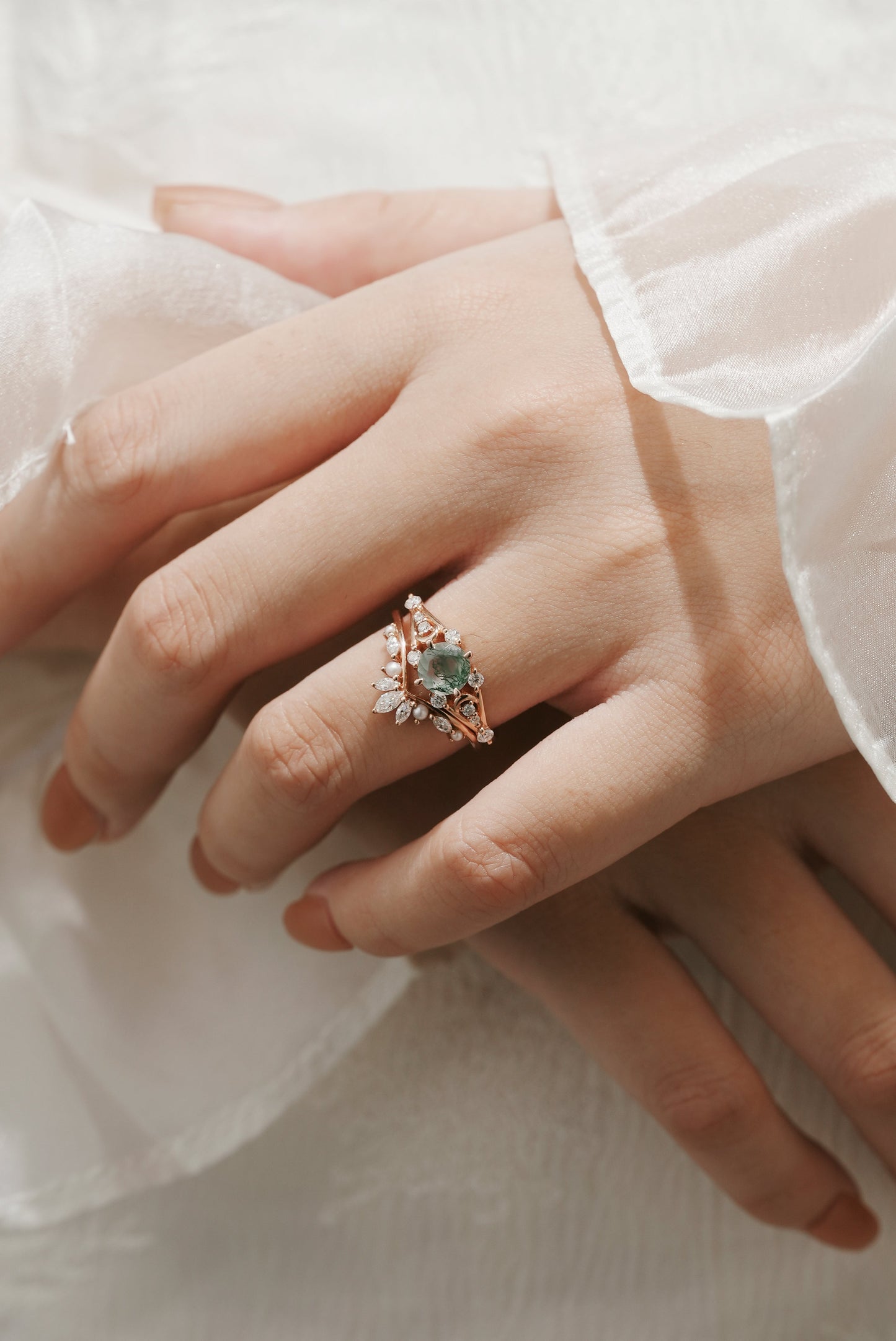 Moss Agate Moon Engagement Ring Moissanite And Pearl Wedding Band 2pcs