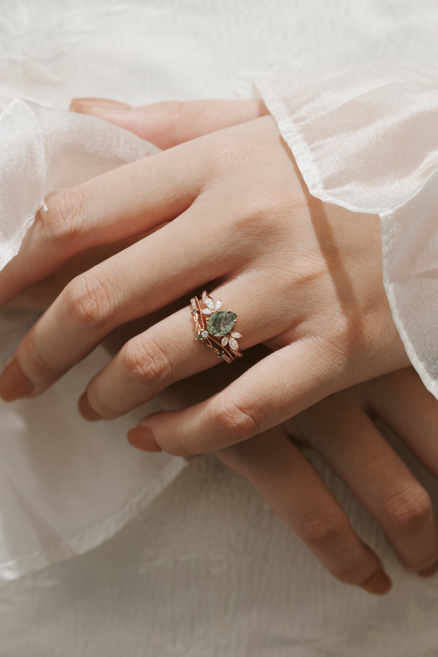 Pear Cut Moss Agate Engagement Ring Leaf Chevron Wedding Band 2pcs