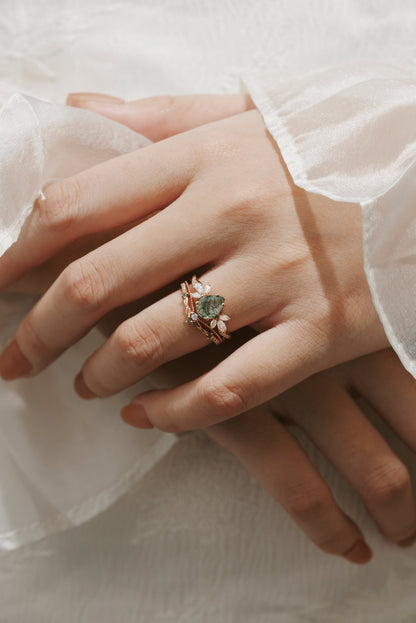 Pear Cut Moss Agate Engagement Ring Leaf Chevron Wedding Band 2pcs