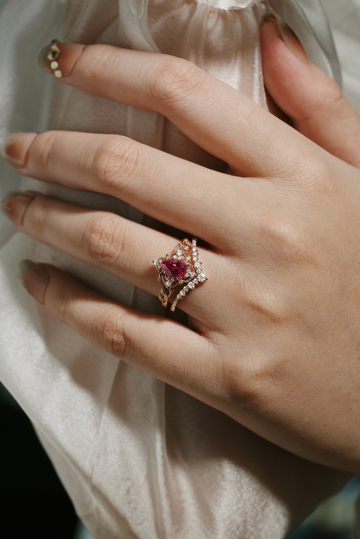 Lab Ruby Nature Inspired Leaf Engagement Ring Set Curved Wedding Band 2pcs