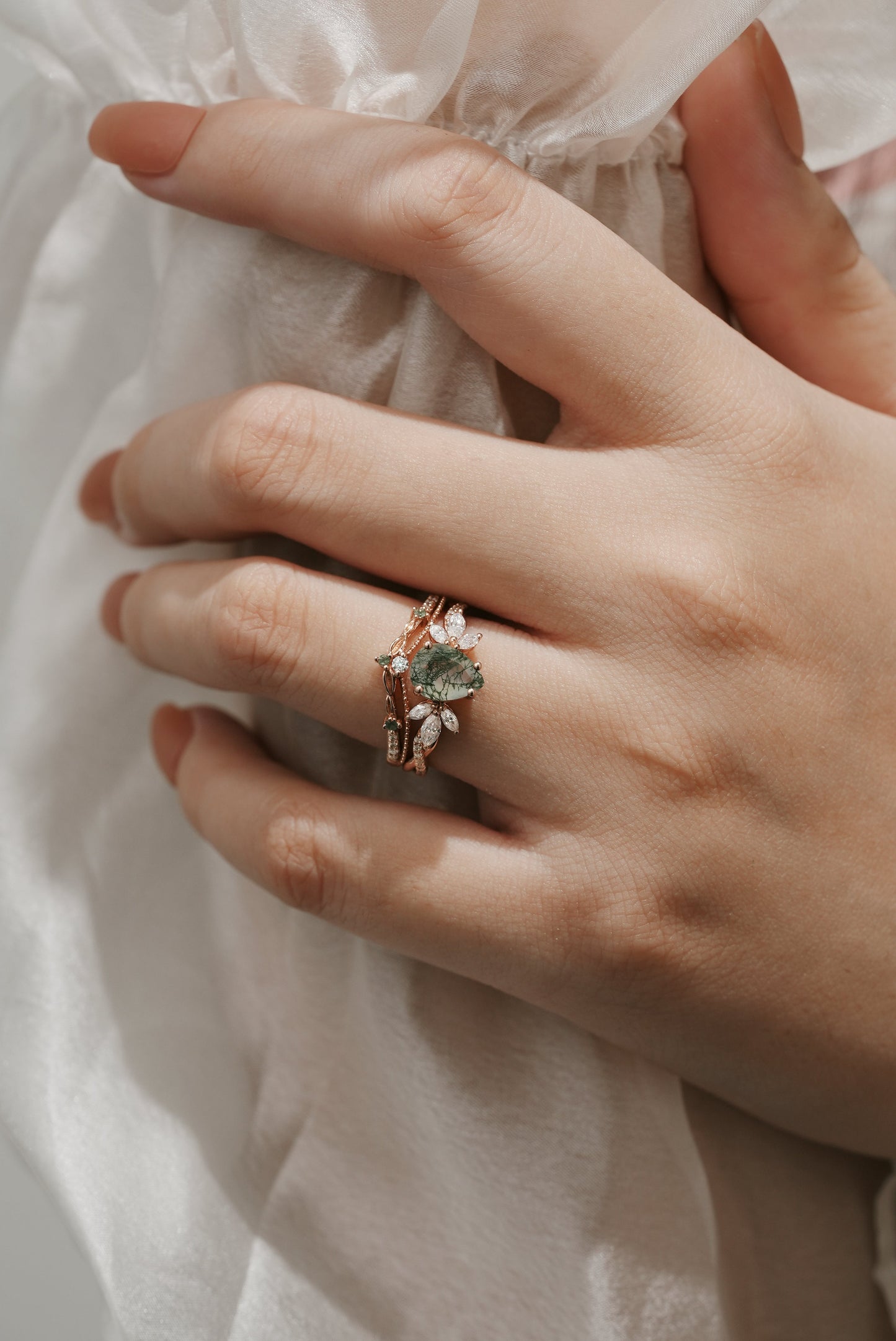 Pear Cut Moss Agate Engagement Ring Leaf Chevron Wedding Band 2pcs