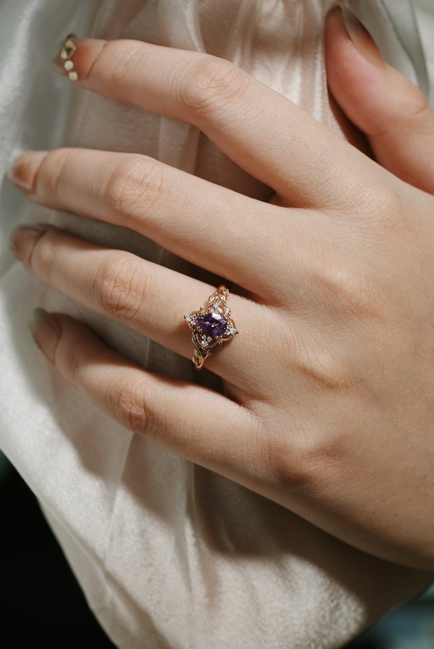 Pear Cut Alexandrite Nature Inspired Leaf Engagement Ring