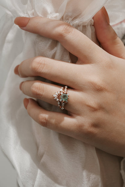 Moss Agate Moon Engagement Ring Moissanite And Pearl Wedding Band 2pcs