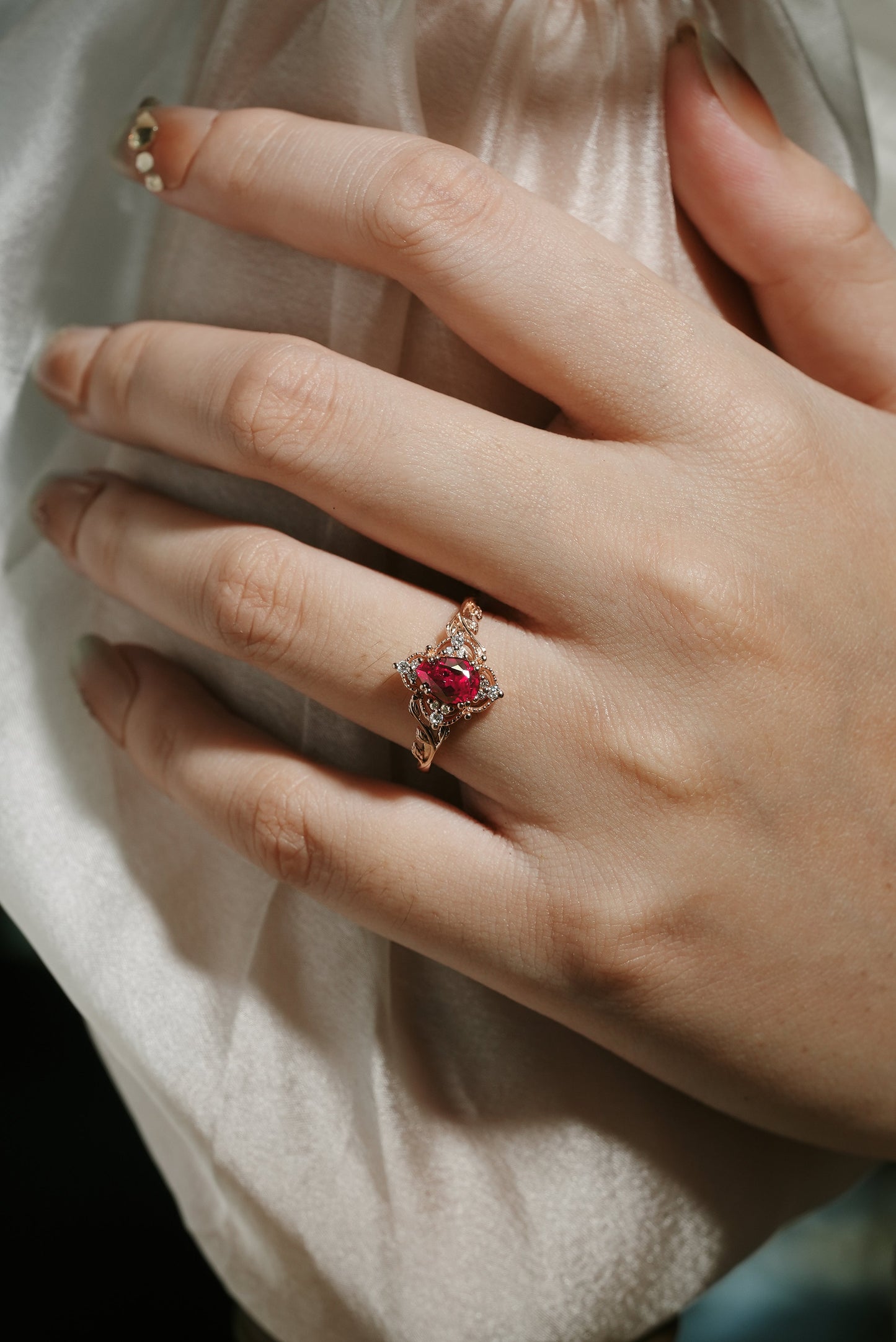 Pear Cut Lab Ruby Ring Nature Inspired Leaf Engagement Ring