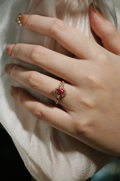 Pear Cut Lab Ruby Ring Nature Inspired Leaf Engagement Ring
