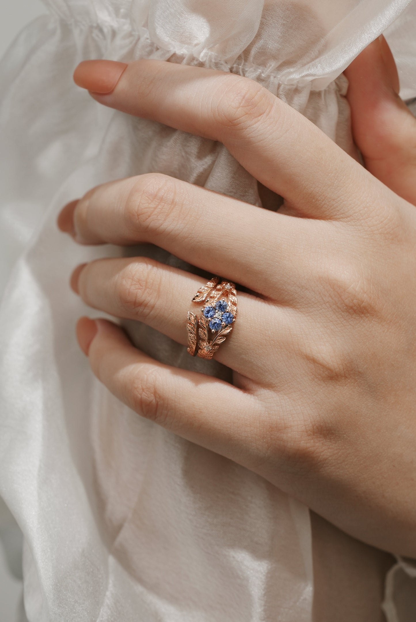 Nature Inspired Lab Cornflower Leaf Engagement Ring Set 2pcs